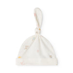 White baby hoodie with knot and small colored patterns, elastic edge.