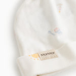 White baby hoodie with knot and elastic edge, featuring the MatMar brand label on the strap.