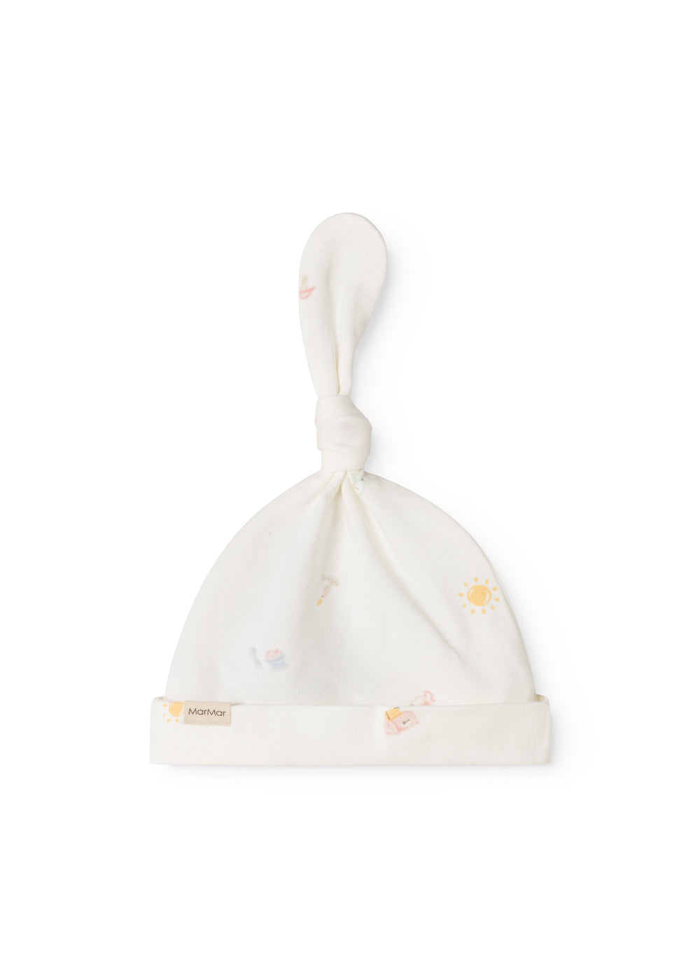 White baby hoodie with knot, colored patterns and wide elastic edge.