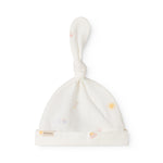 White baby hoodie with knot, colored patterns and wide elastic edge.