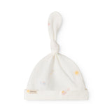 White baby hoodie with knot, colored patterns and wide elastic edge.