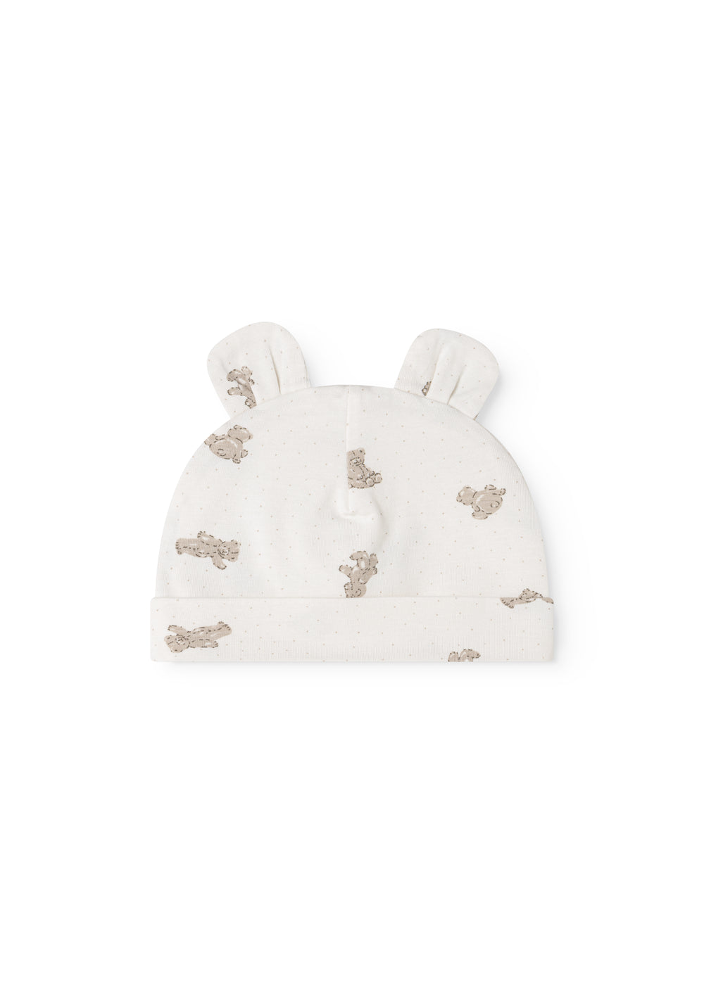 White baby hoodie with teddy bear print and ear flaps
