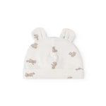 White baby hoodie with teddy bear print and ear flaps