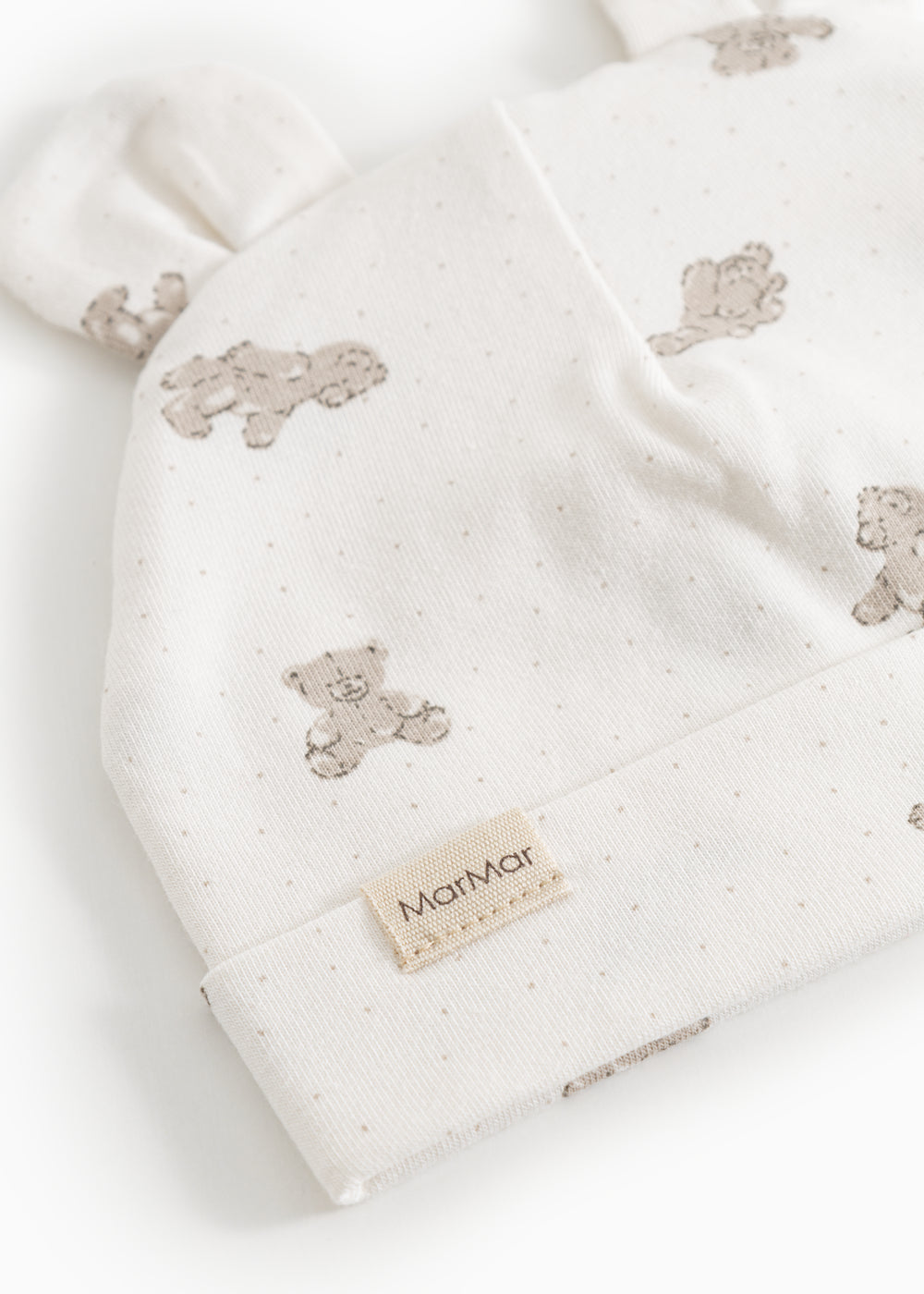 White baby hoodie with teddy bear print and MarMar logo brand