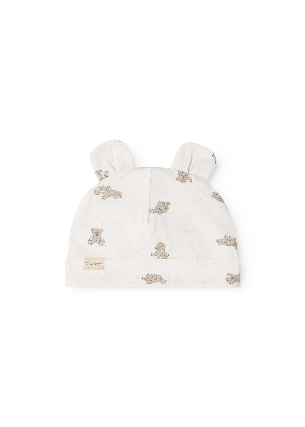 White baby hoodie with teddy bear print and two ear flaps