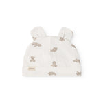 White baby hoodie with teddy bear print and two ear flaps