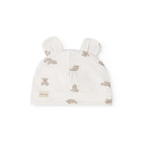 White baby hoodie with teddy bear print and two ear flaps