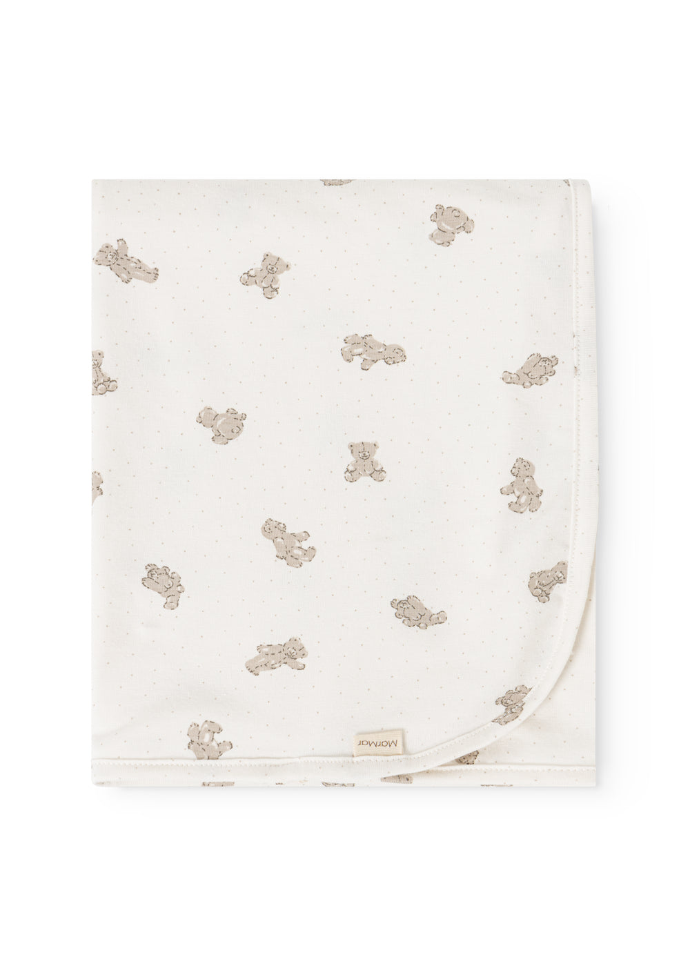 Offwhite rug with teddy bear print and discreet fabric label at the bottom.