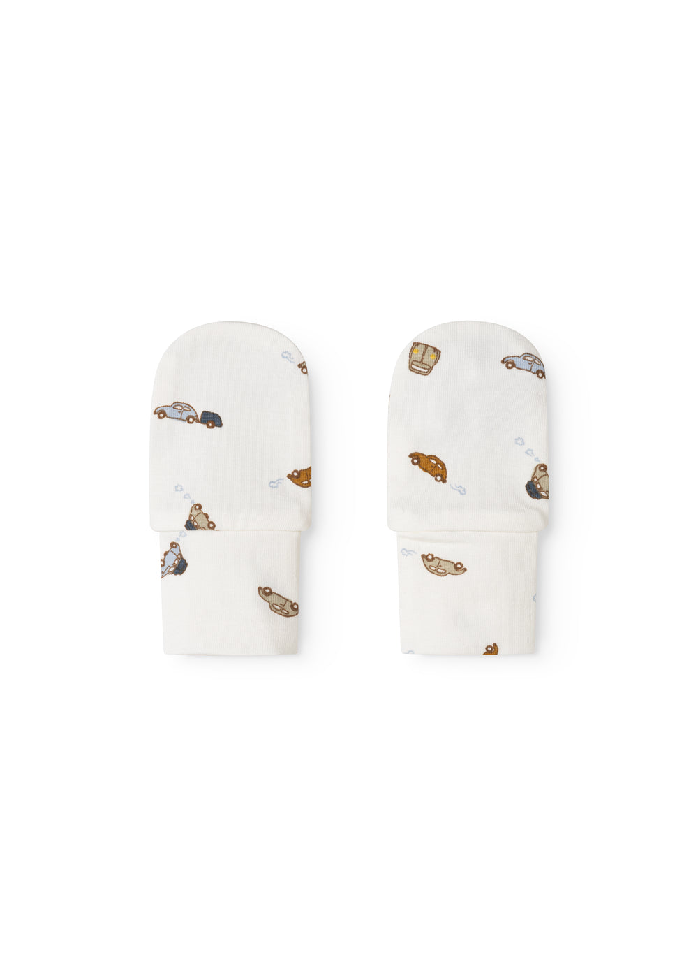 White baby bibs with car print and logo on the cuff, pair