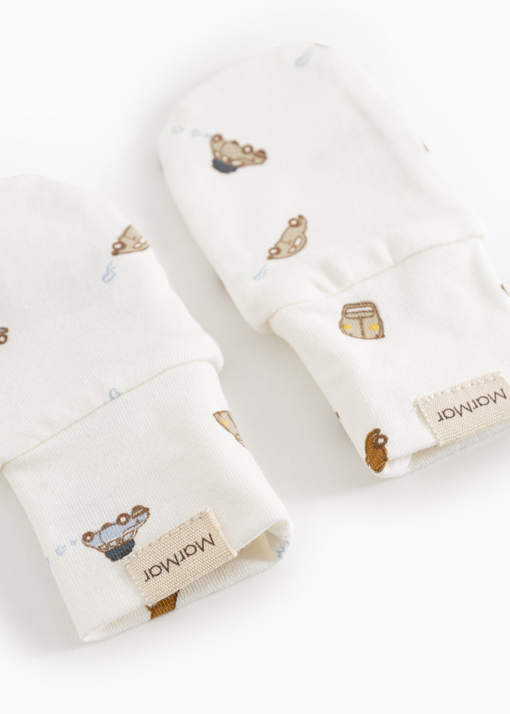 White baby mittens with car print and cuff edge, two mittens