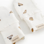 White baby mittens with car print and cuff edge, two mittens