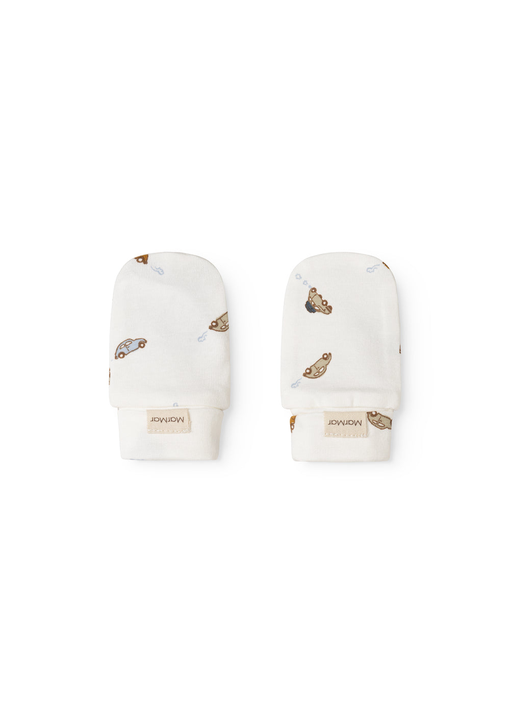 White baby bibs with car print, rib edge and brand on the cuff.