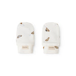 White baby bibs with car print, rib edge and brand on the cuff.