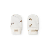 White baby bibs with car print, rib edge and brand on the cuff.
