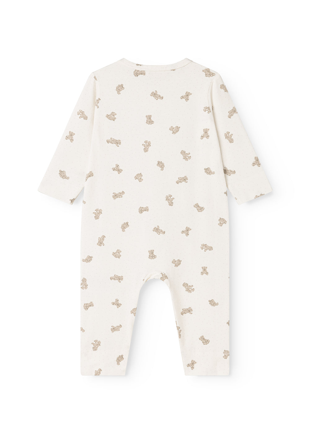 Off-white dress with all-over teddy bear print, round neckline and long sleeves.