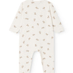 Off-white dress with all-over teddy bear print, round neckline and long sleeves.