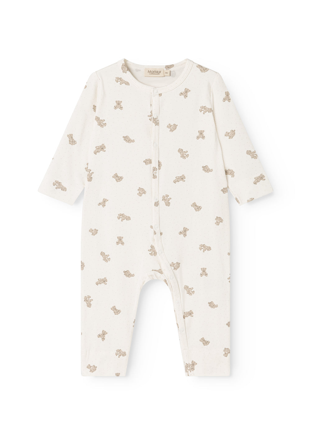 Light off-white dress with all-over teddy bear print and long sleeves, button closure.