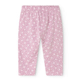 Pink pants with elastic waist and small star flowers on the back.