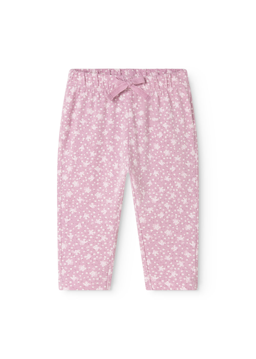 Pink pants for baby with small star flowers and elastic waistband in front.