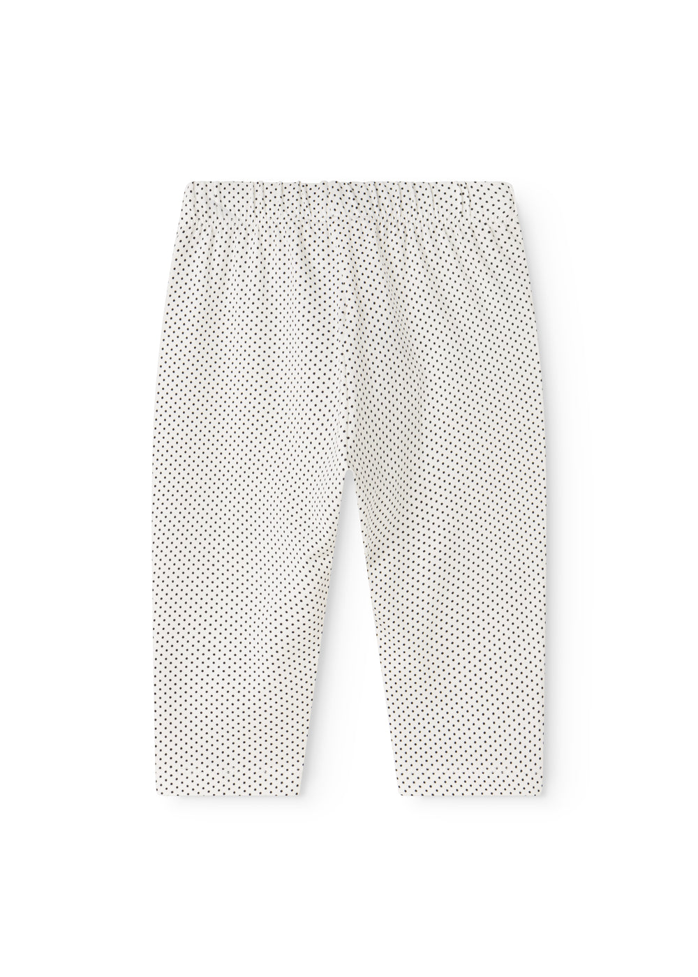 Kids' pants with small dark dots, straight legs and elastic waistband.