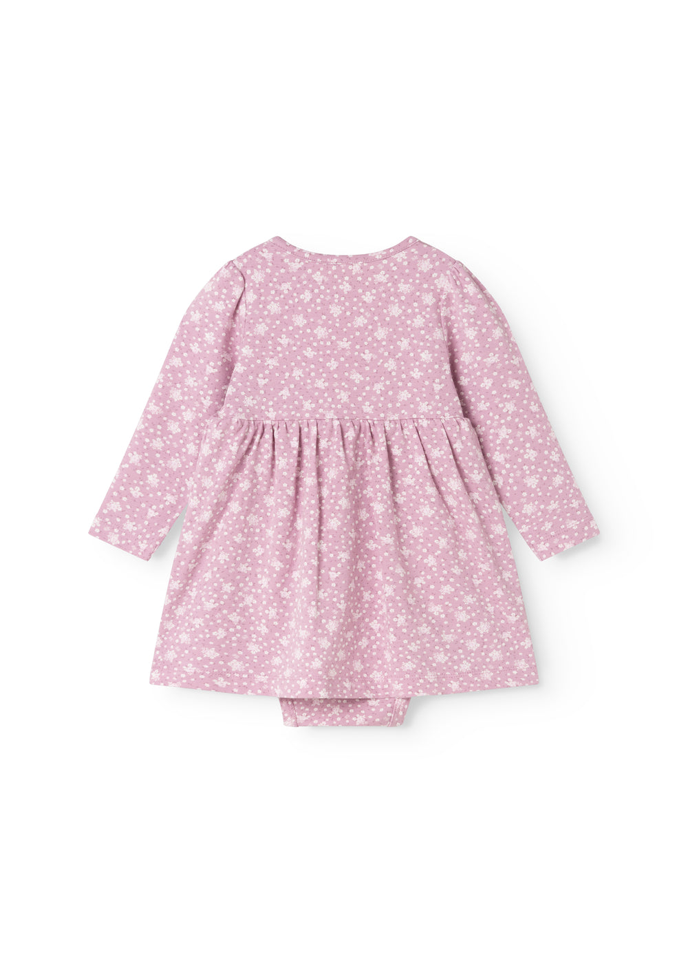 Pink dress with a beautiful floral print, long sleeves and a slightly flared skirt.