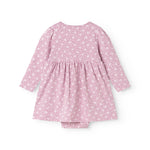 Pink dress with a beautiful floral print, long sleeves and a slightly flared skirt.