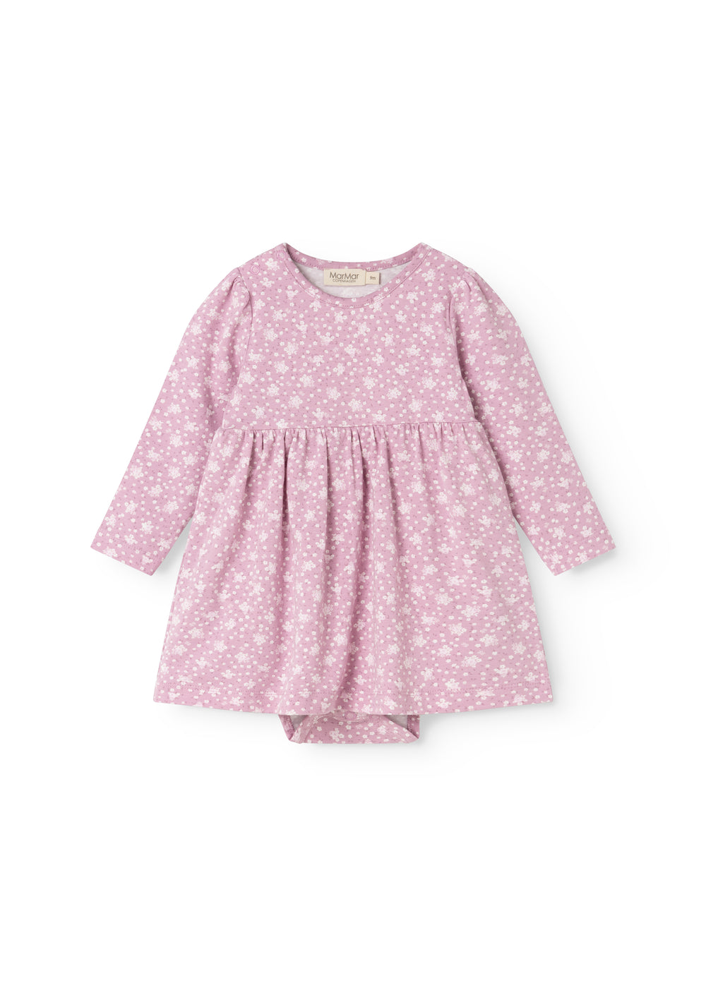 Pink dress with small flowers, long sleeves, round neckline, and pleated skirt.