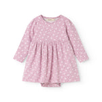 Pink dress with small flowers, long sleeves, round neckline, and pleated skirt.