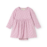 Pink dress with small flowers, long sleeves, round neckline, and pleated skirt.