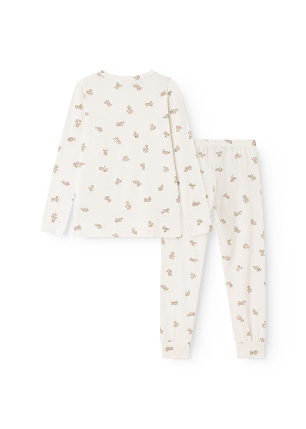 White jumpsuit with long-sleeve blouse and long pants, allover teddy bear print.