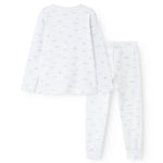 White baby sleep set with round neck, long sleeves and trousers, blue whale pattern.