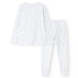 White baby sleep set with round neck, long sleeves and trousers, blue whale pattern.