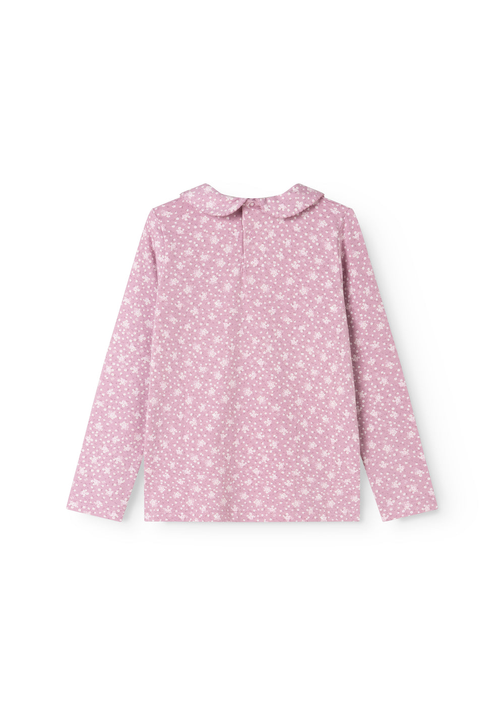 Pink long-sleeve T-shirt with small white flowers, collar and front panel.