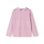 Pink long-sleeve T-shirt with small white flowers, collar and front panel.