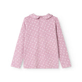 Pink long-sleeve T-shirt with small white flowers, collar and front panel.