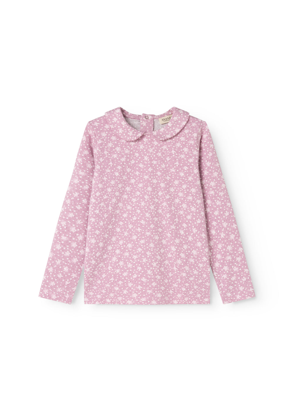 Pink long-sleeve T-shirt with small white flowers and a round neckline