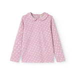 Pink long-sleeve T-shirt with small white flowers and a round neckline