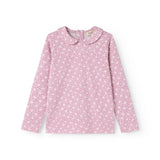 Pink long-sleeve T-shirt with small white flowers and a round neckline