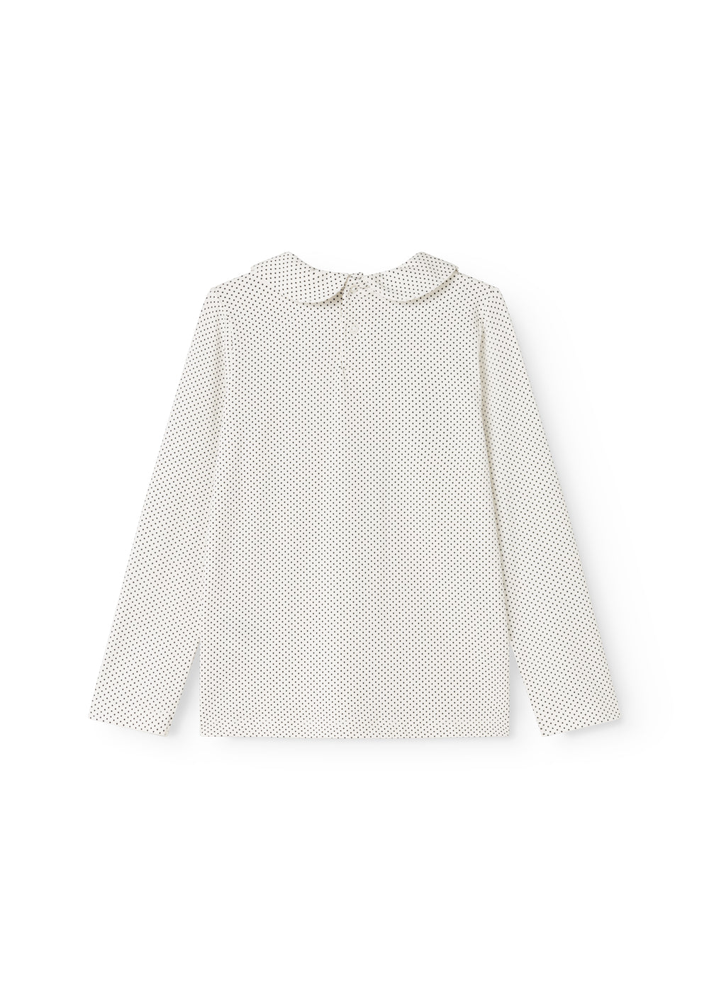 White long-sleeve t‑shirt with small black dots and a round neck.