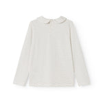 White long-sleeve t‑shirt with small black dots and a round neck.