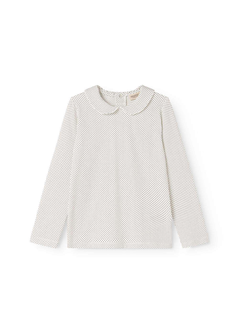 Long-sleeve white t‑shirt with small black dots and a crew neck.