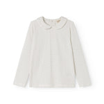 Long-sleeve white t‑shirt with small black dots and a crew neck.