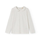 Long-sleeve white t‑shirt with small black dots and a crew neck.