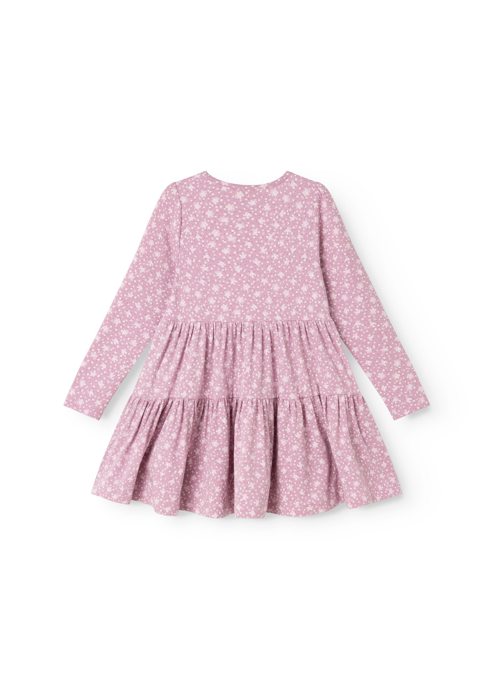 Lilac/pink dress with white flowers, long sleeves and a ruffled hem.