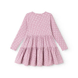Lilac/pink dress with white flowers, long sleeves and a ruffled hem.