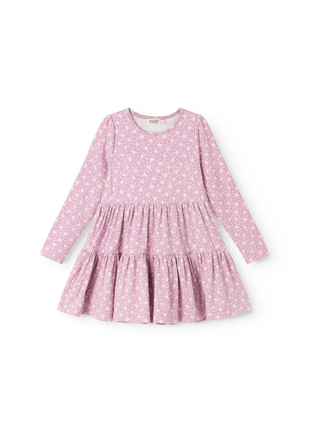 Lilac/pink dress with small white flowers, long sleeves and a ruffled skirt.