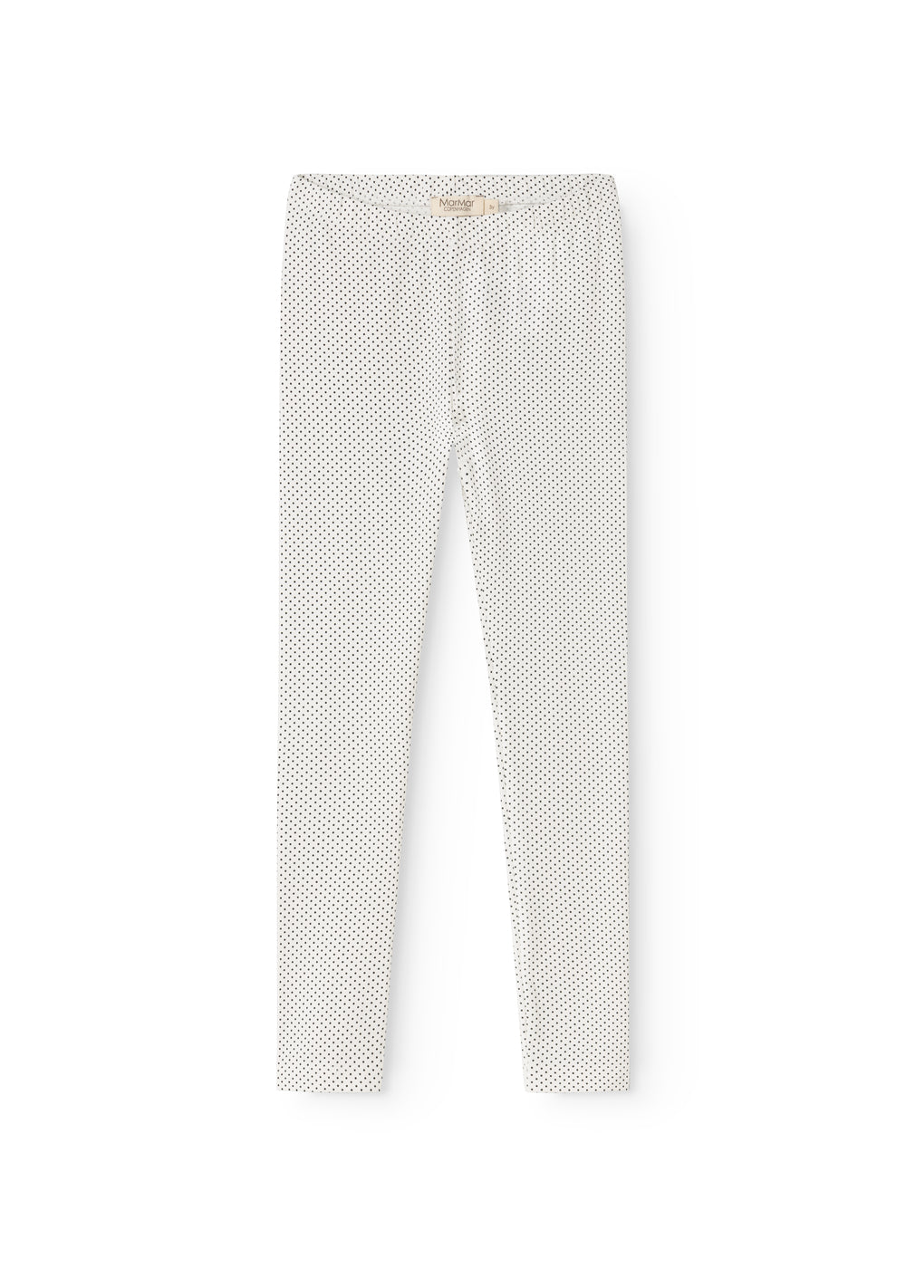 White leggings with small black dots, long legs and elastic waist.