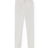White leggings with small black dots, long legs and elastic waist.