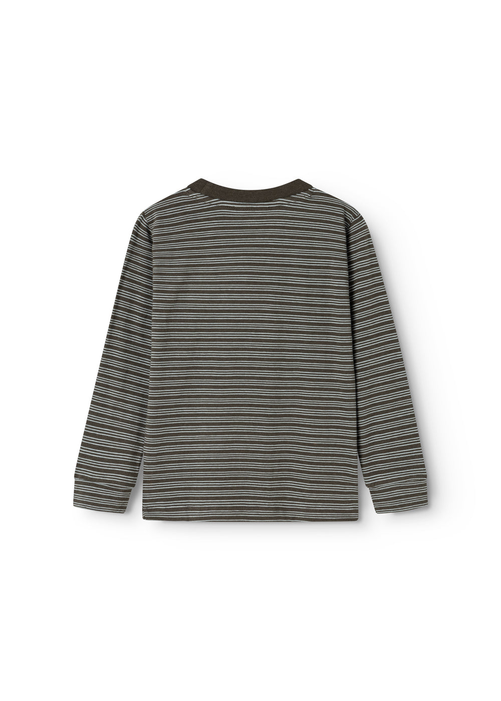 Striped blouse with long sleeves in dark gray and light stripes, round neckline.