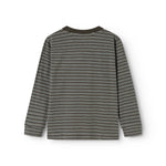 Striped blouse with long sleeves in dark gray and light stripes, round neckline.